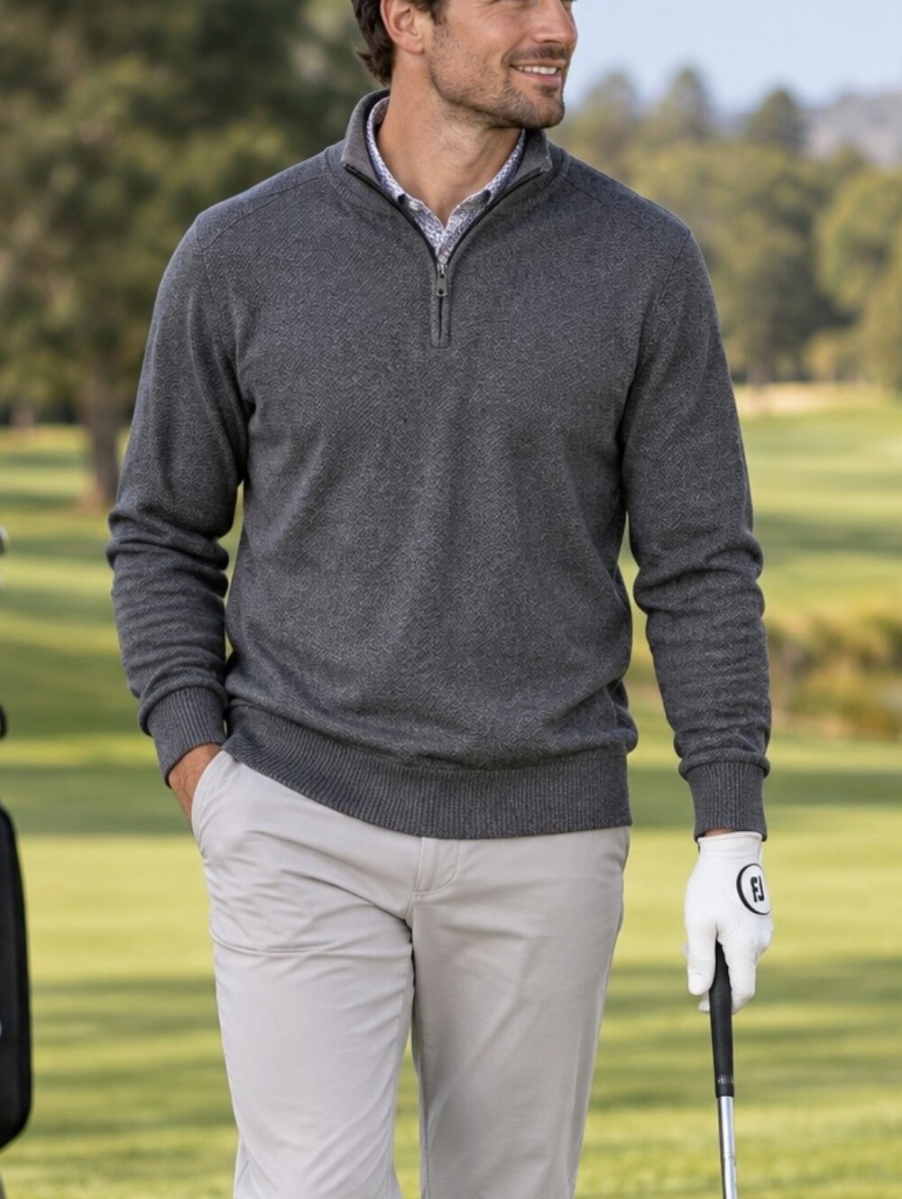 Robert Graham Men’s L Quarter Zip Sweater 80% Cotton Textured Knit Pullover